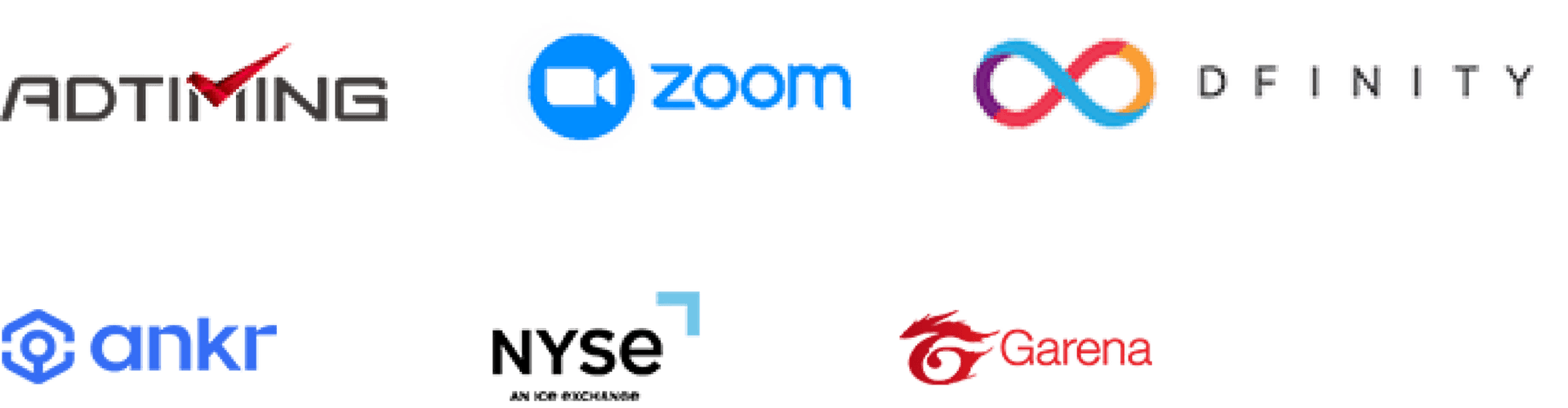 Customer logos including AdTiming, Zoom, Dfinity, Ankr, NYSE, and Garena